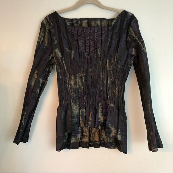 Babette Pleated Crinkle Long Sleeve Dark Purple &Black Square Neck Top Petite - Picture 10 of 15